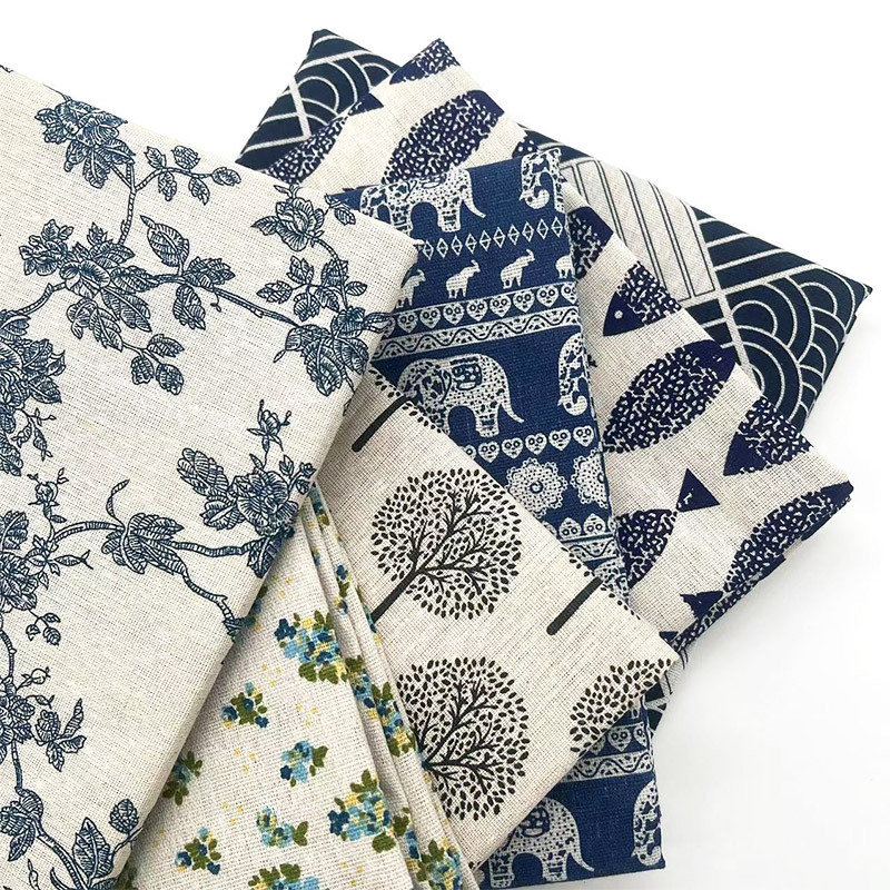 Linen Table Runner - Tecido Vintage Azul Floral de Algodão